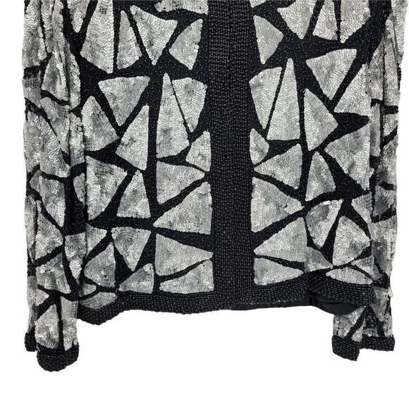 Vtg 80's Sweelo Silk Geometric Black Silver Metallic Sequin Beaded Blazer Sz M - Picture 5 of 12
